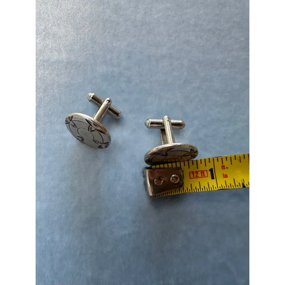 Vintage Sterling Silver Cufflinks Art Deco Etched Round Floral Geometric 925